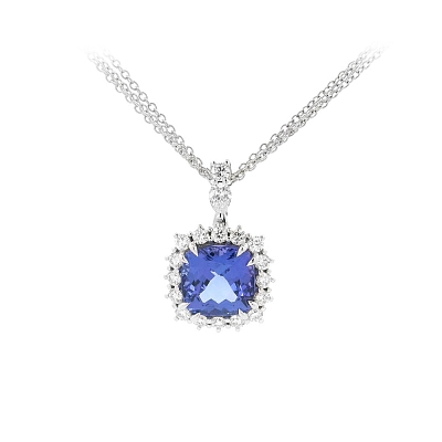 Vòng cổ với đá Tanzanite thiết kế halo, bao quanh bởi kim cương