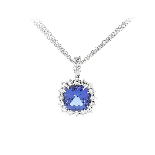 Vòng cổ với đá Tanzanite thiết kế halo, bao quanh bởi kim cương