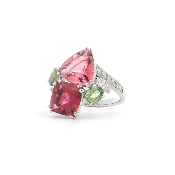 Nhẫn vàng trắng 18K gắn tourmaline, sapphire và kim cương