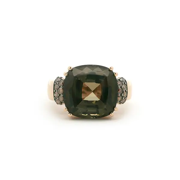 Nhẫn vàng hồng với tourmaline xanh lá và kim cương nâu
