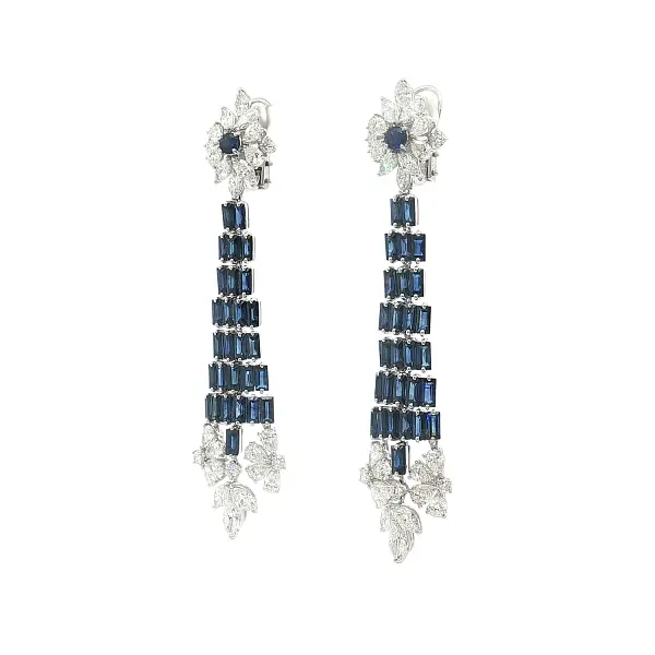 Bông tai dài vàng trắng đính đá sapphire và kim cương