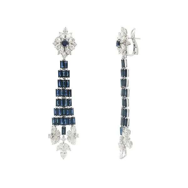 Bông tai dài vàng trắng đính đá sapphire và kim cương