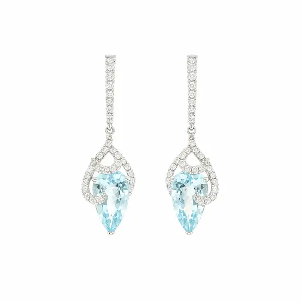 Hoa tai vàng trắng với đá aquamarine và kim cương