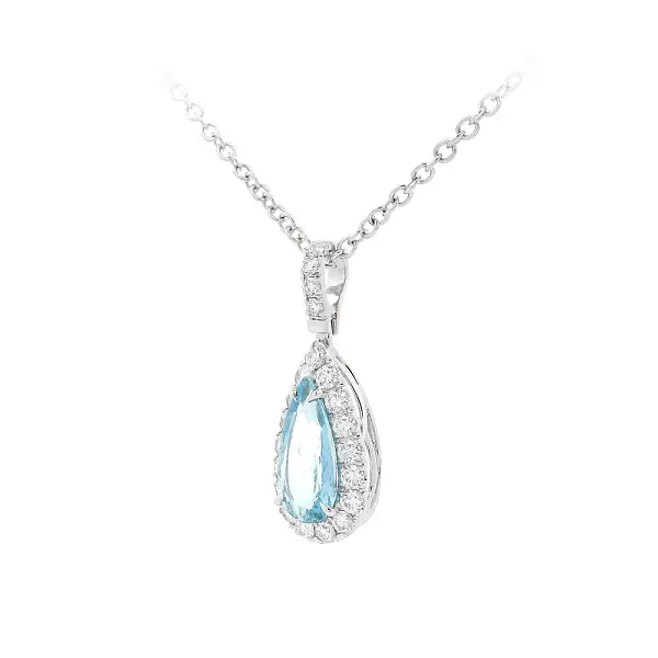 Trang sức cao cấp với đá aquamarine hình giọt nước và viền halo Damant
