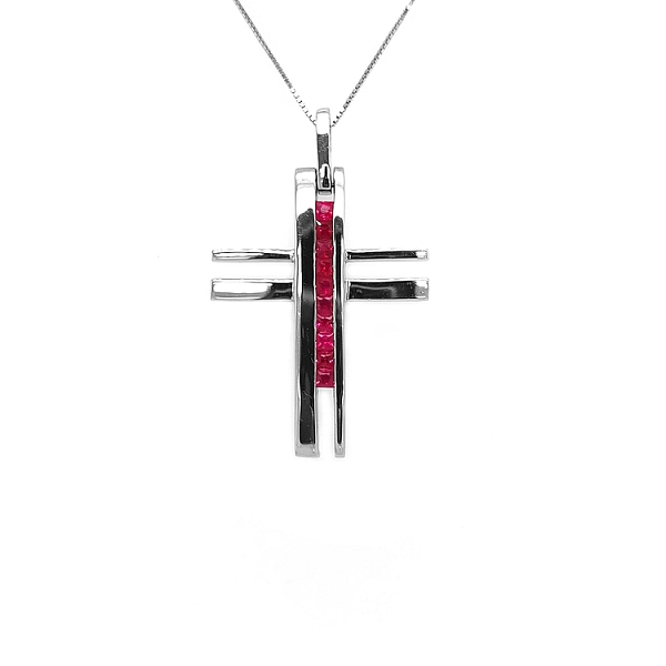 Mặt dây chuyền hình thánh giá bằng vàng đính ruby