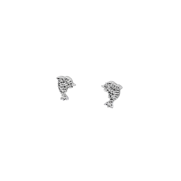 Bông tai hình cá heo bằng vàng trắng đính đá zircon