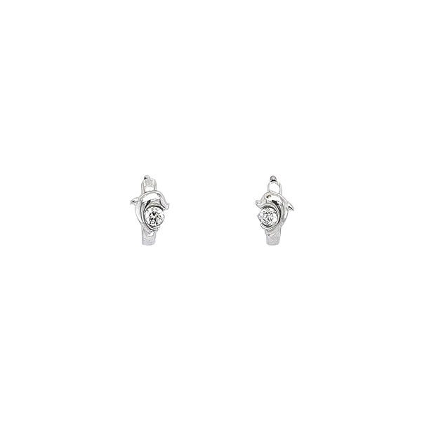 Vòng tai tròn với hình cá heo và đá zircon trắng vàng