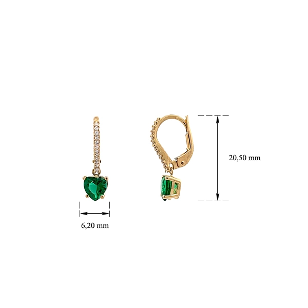 Vòng tai vàng đính zircon và hình trái tim màu xanh ngọc lục bảo