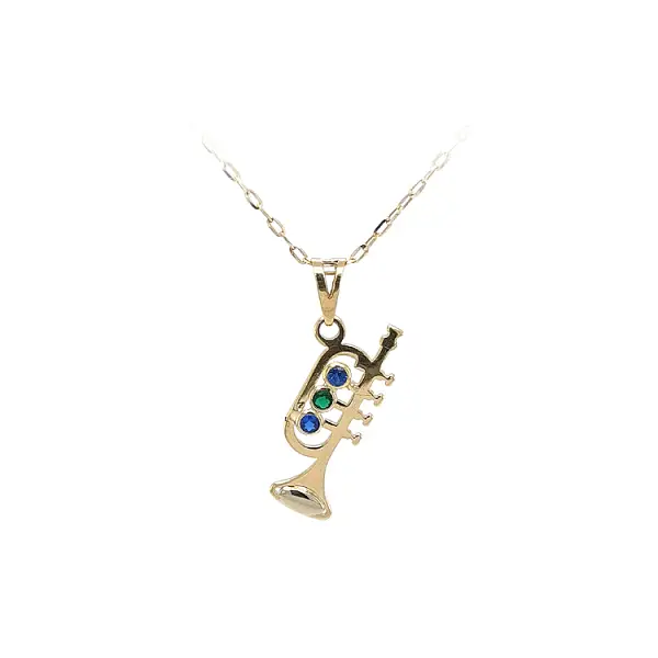 Mặt dây chuyền vàng hình kèn trumpet đính đá màu