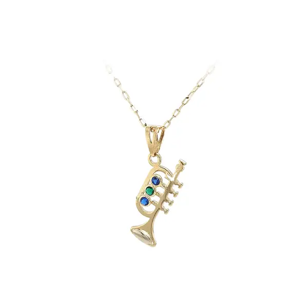 Mặt dây chuyền vàng hình kèn trumpet đính đá màu