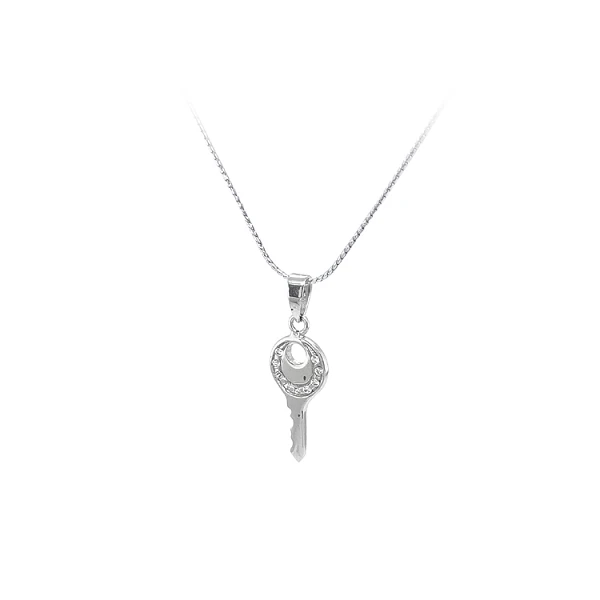 Chìa khóa dạng mặt dây chuyền với đá zircon trắng và vàng trắng