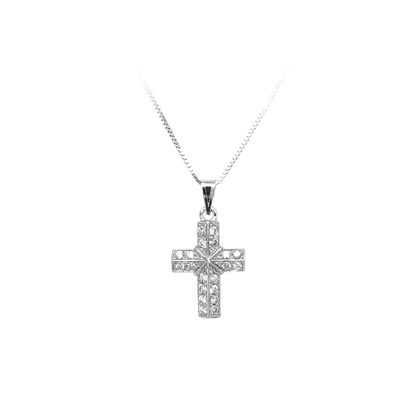 Mặt dây chuyền thánh giá với đá zircon trắng và vàng trắng