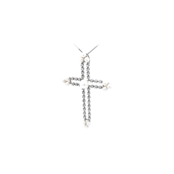 Mặt dây chuyền hình thánh giá với ngọc trai và đá zircon trắng vàng