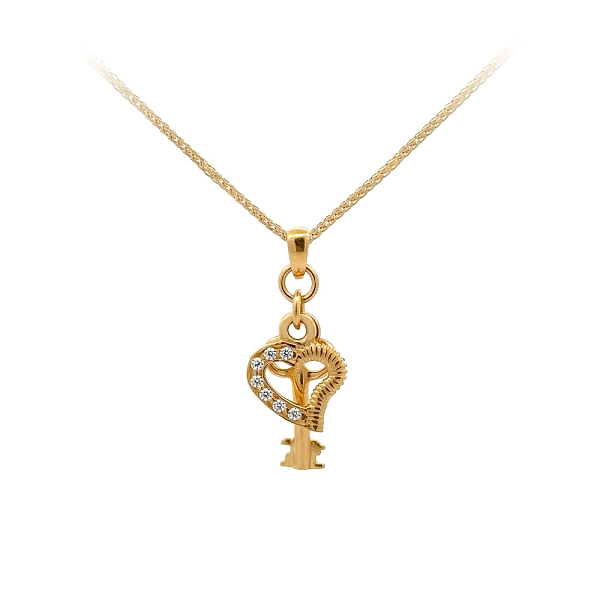 Mặt dây chuyền vàng hình trái tim và chìa khóa đính đá zircon