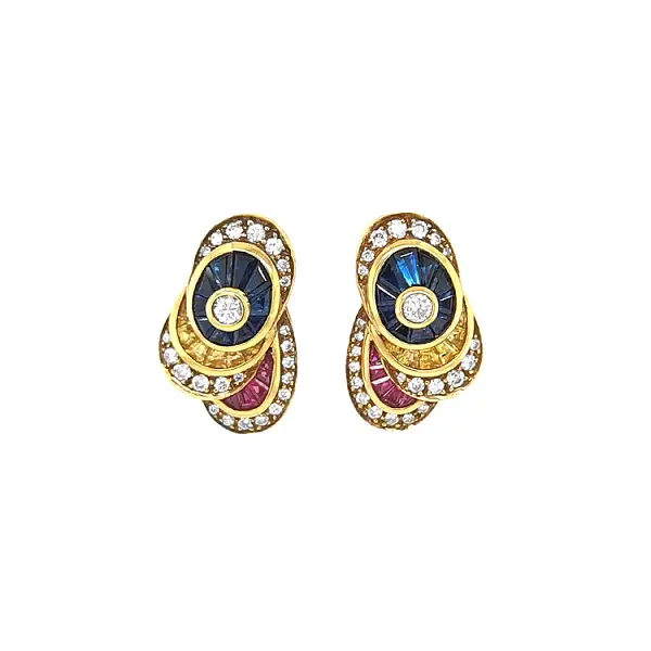 Vòng tai vàng đính ruby, sapphire xanh, sapphire vàng và kim cương