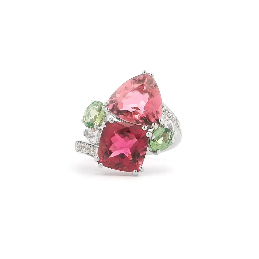 Nhẫn vàng trắng 18K gắn tourmaline, sapphire và kim cương