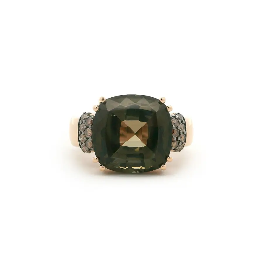Nhẫn vàng hồng với tourmaline xanh lá và kim cương nâu