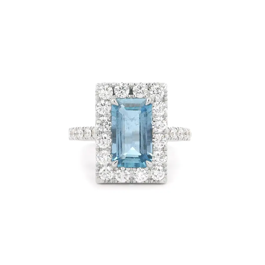 Nhẫn vàng trắng đính đá aquamarine và kim cương