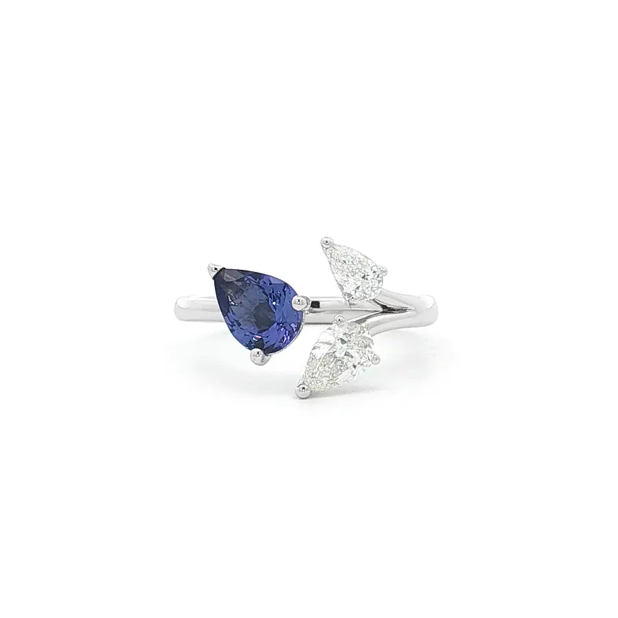 Nhẫn vàng trắng đính đá tanzanite và kim cương dáng giọt nước