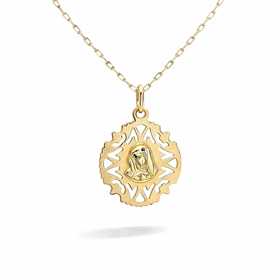 Mặt dây chuyền vàng Đức Mẹ Maria với khung hoa văn