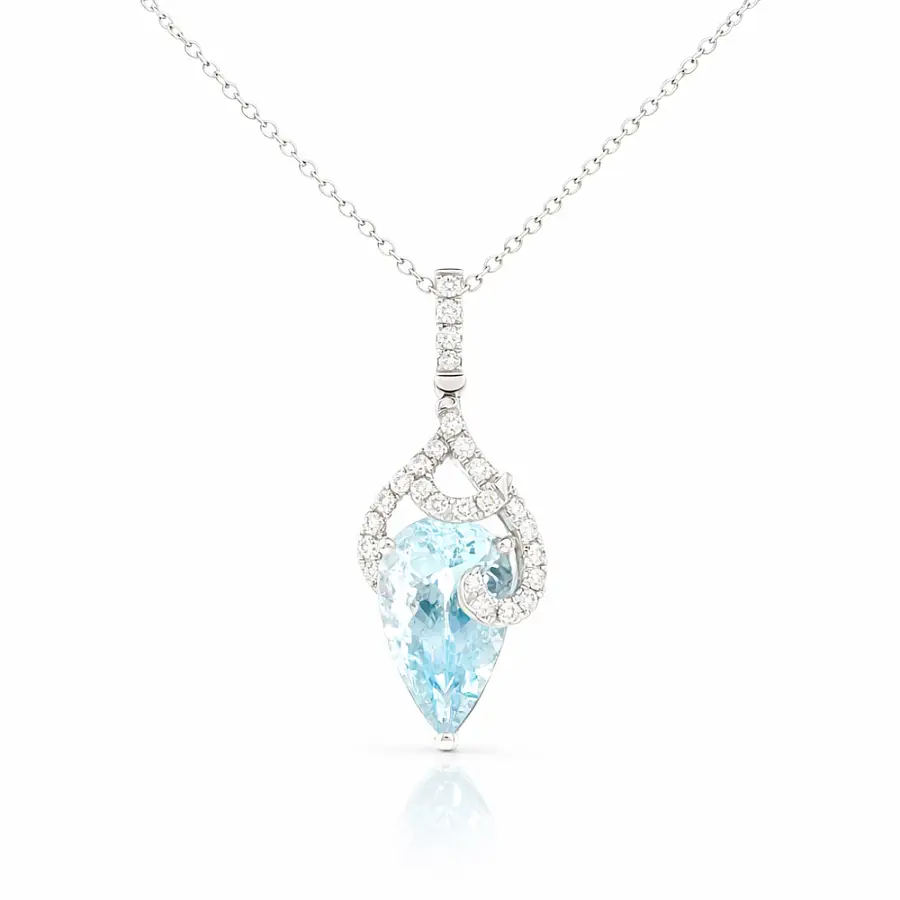 Dây chuyền vàng trắng cao cấp với đá aquamarine và kim cương