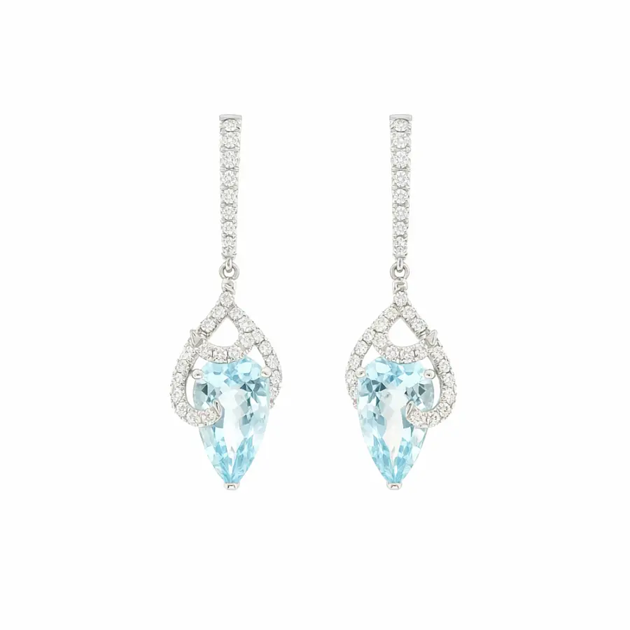 Hoa tai vàng trắng với đá aquamarine và kim cương