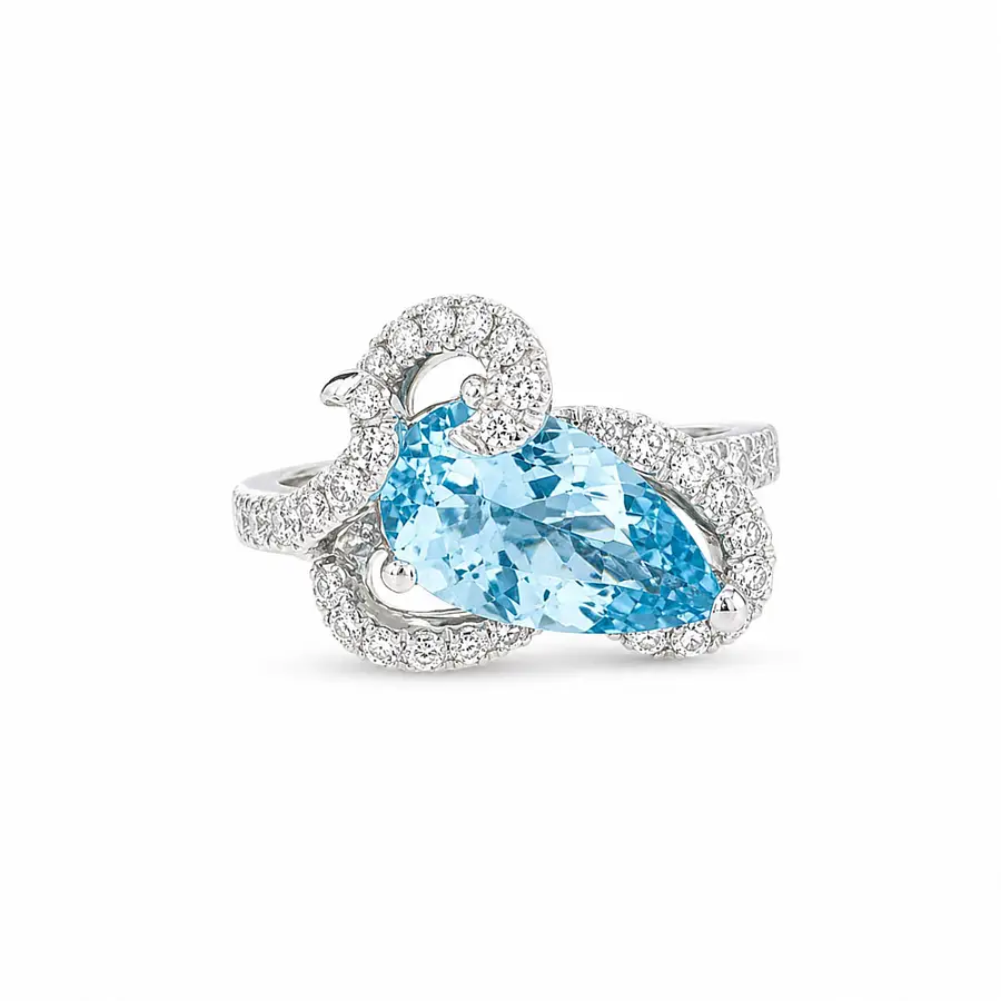 Nhẫn vàng trắng với đá aquamarine và kim cương