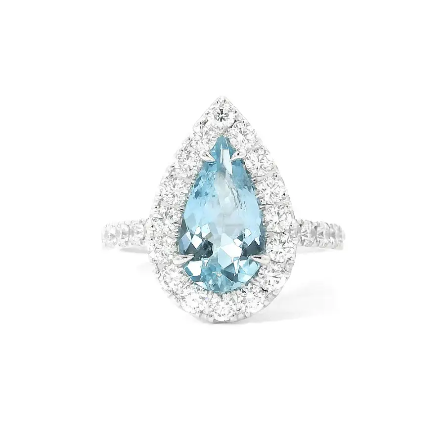 Nhẫn hình giọt nước cao cấp với đá aquamarine và kim cương