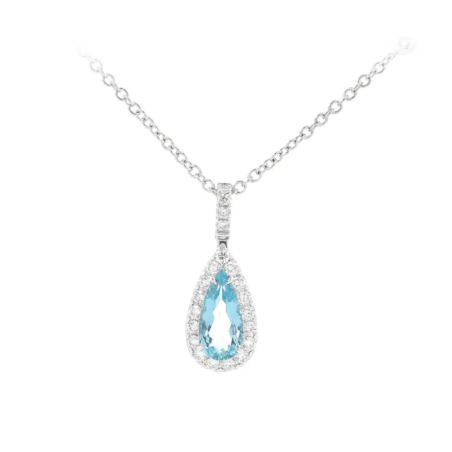 Trang sức cao cấp với đá aquamarine hình giọt nước và viền halo Damant